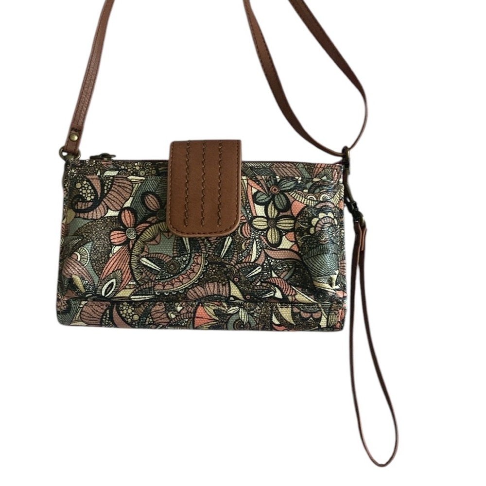 Brown Floral Crossbody Wristlet Bag
